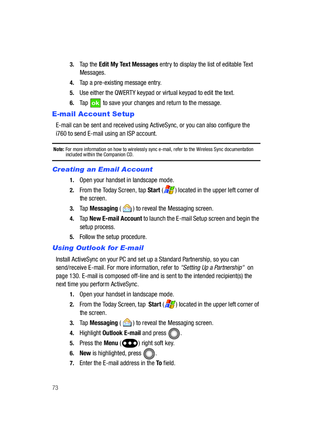 Samsung SCH-i760 user manual Mail Account Setup, Creating an Email Account, Using Outlook for E-mail 