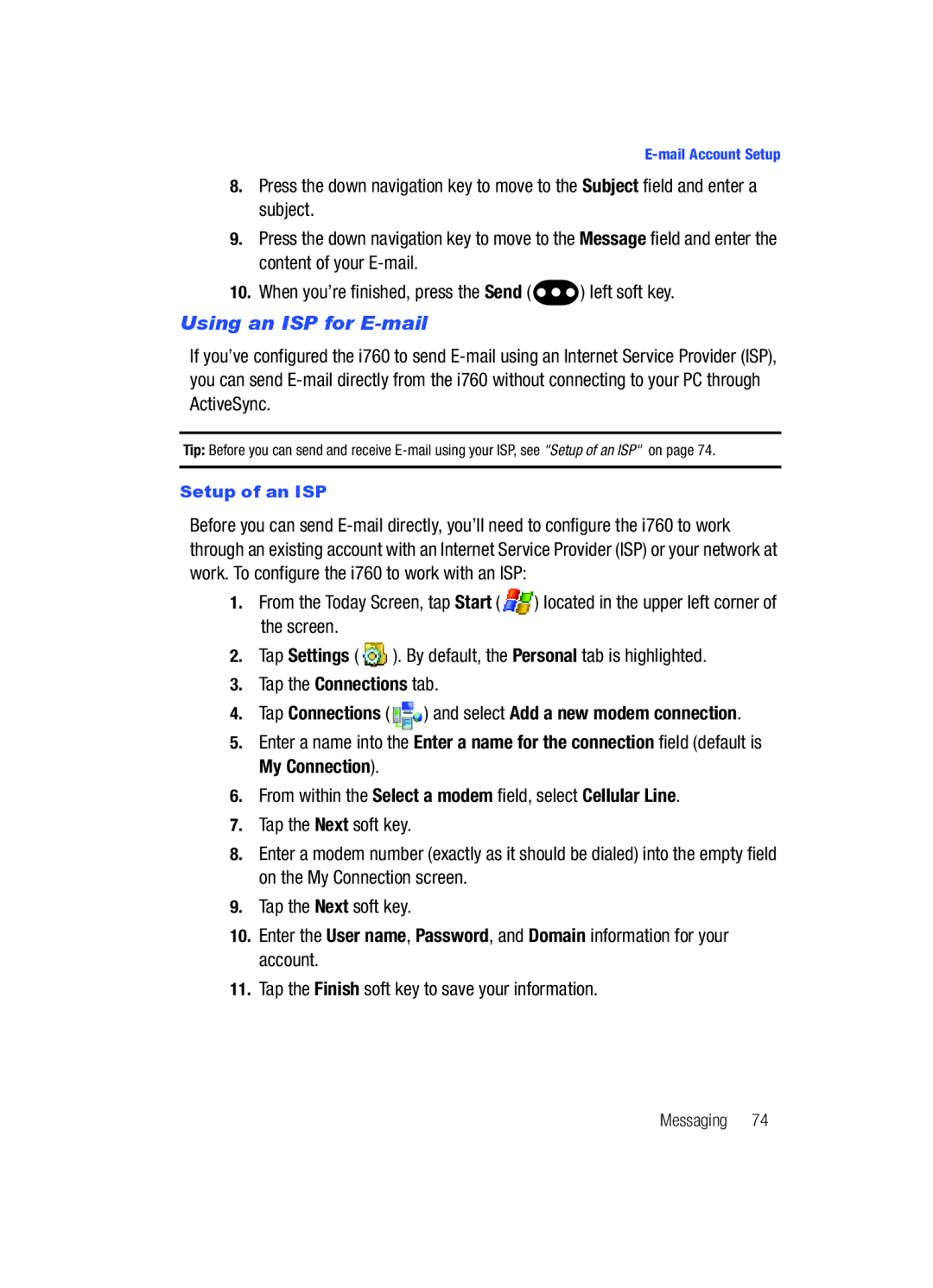 Samsung SCH-i760 user manual Using an ISP for E-mail, Tap the Finish soft key to save your information 