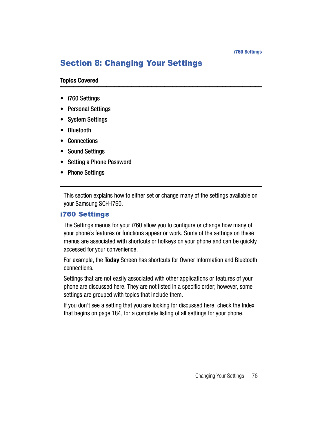 Samsung SCH-i760 user manual Changing Your Settings, I760 Settings 