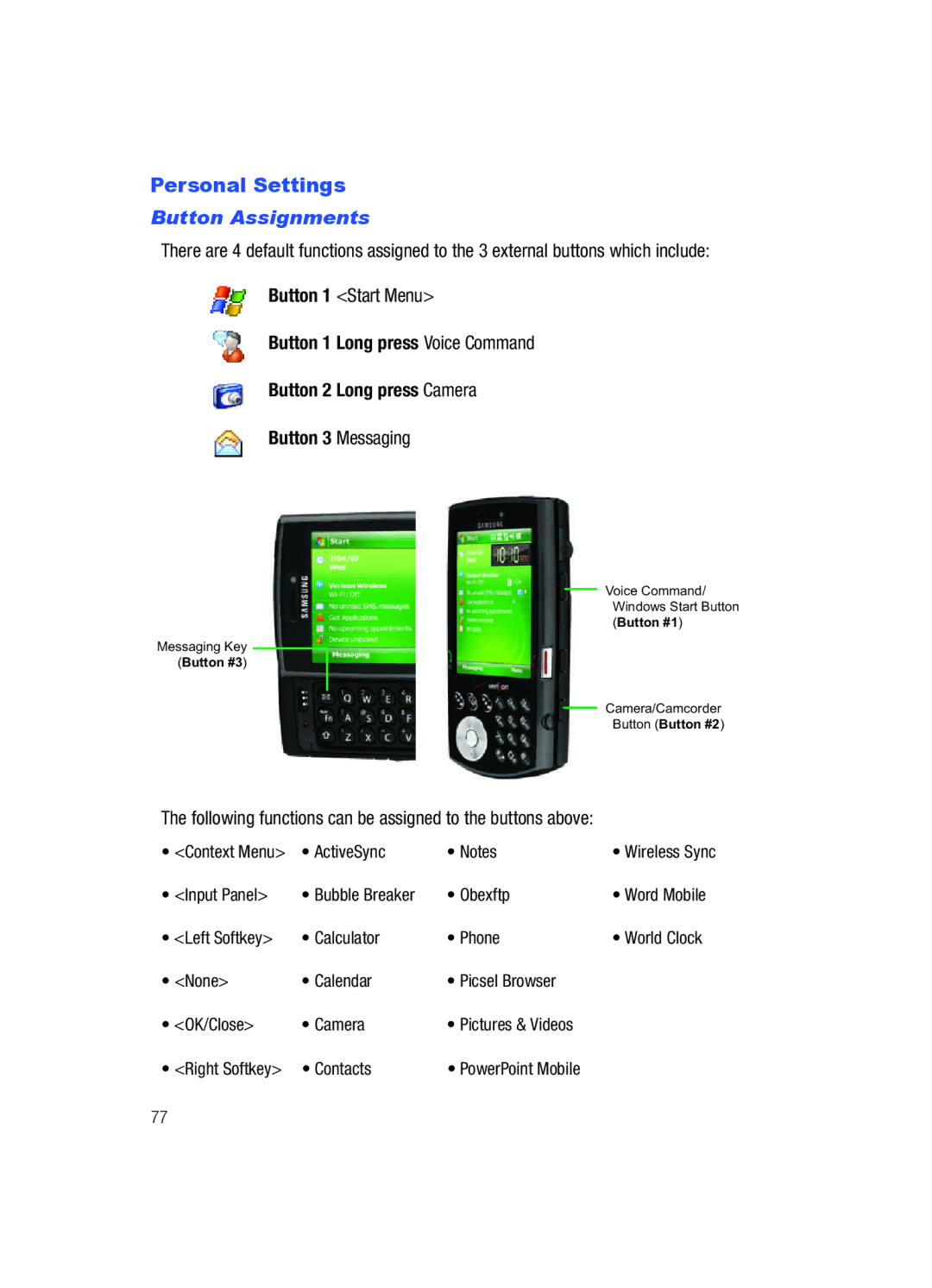 Samsung SCH-i760 Personal Settings, Button Assignments, Following functions can be assigned to the buttons above 