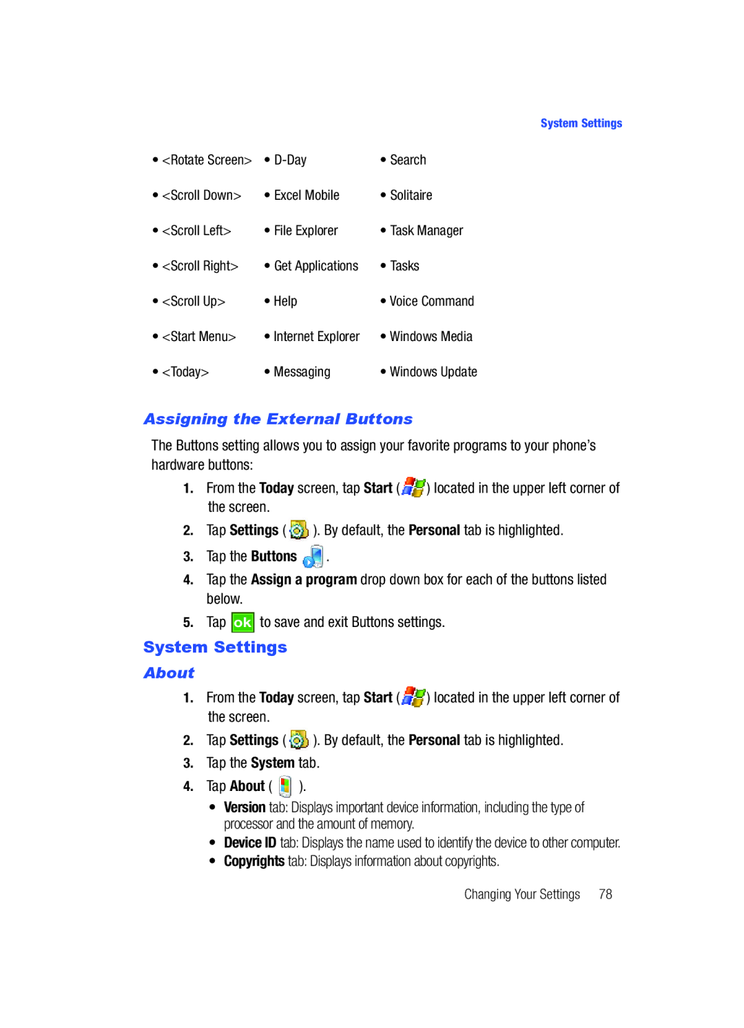 Samsung SCH-i760 user manual System Settings, Assigning the External Buttons, About 