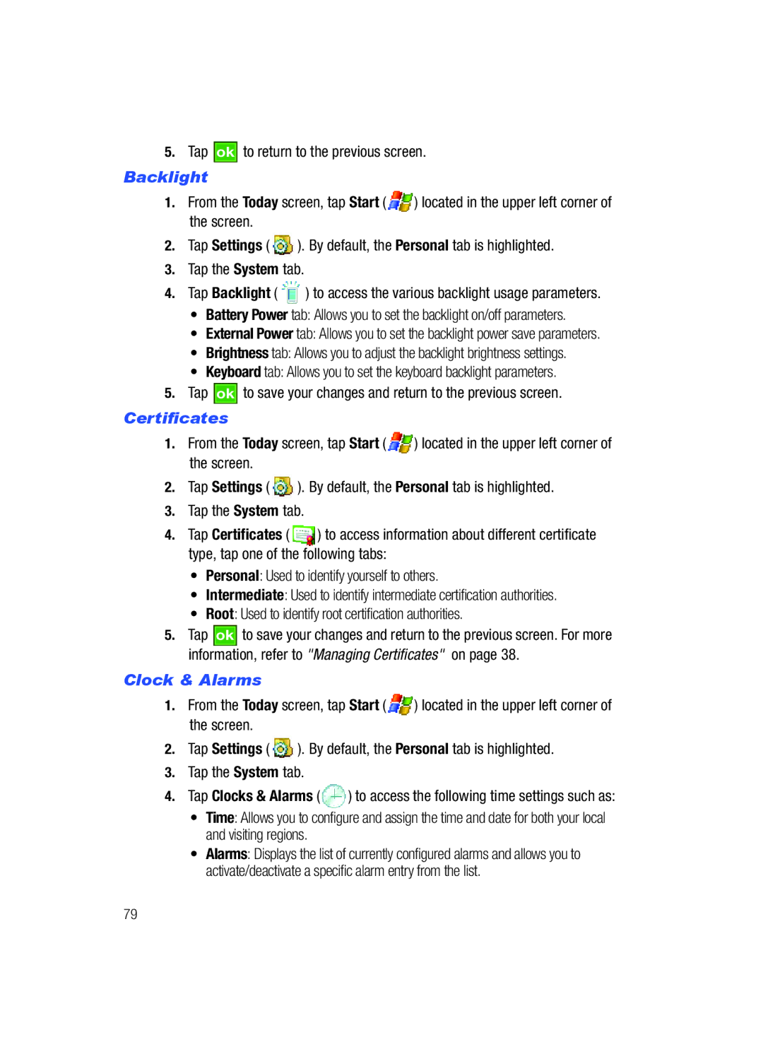 Samsung SCH-i760 user manual Tap ok to return to the previous screen, Backlight, Certificates, Clock & Alarms 