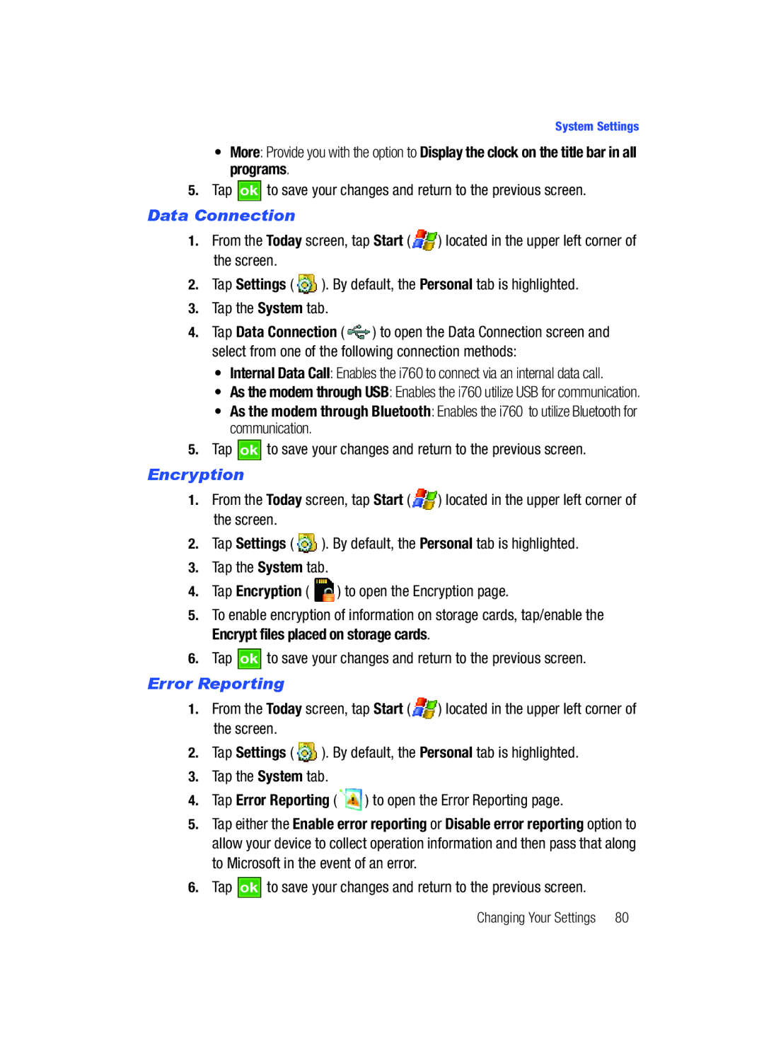 Samsung SCH-i760 user manual Data Connection, Encryption, Error Reporting 