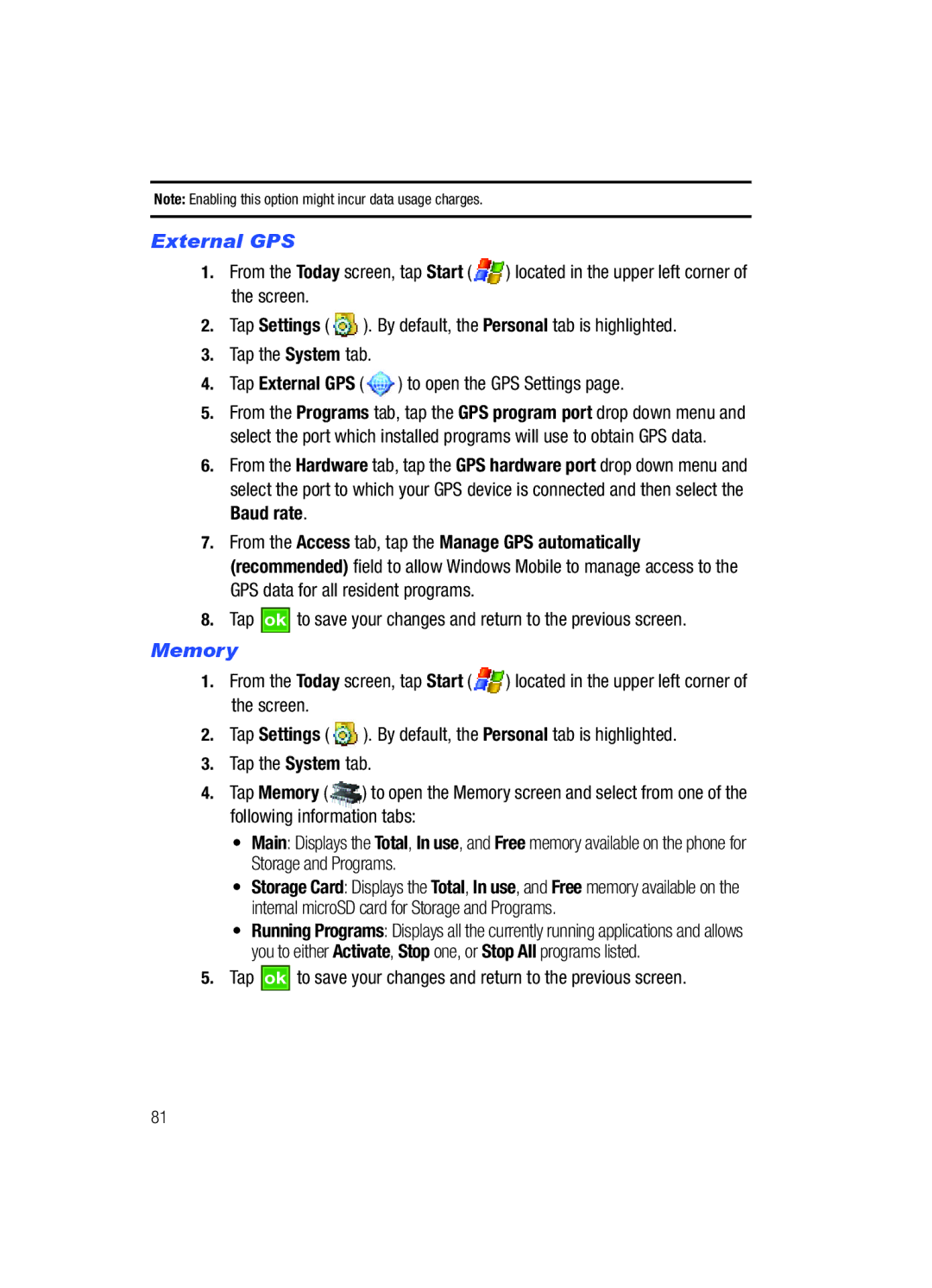 Samsung SCH-i760 user manual External GPS, Memory 