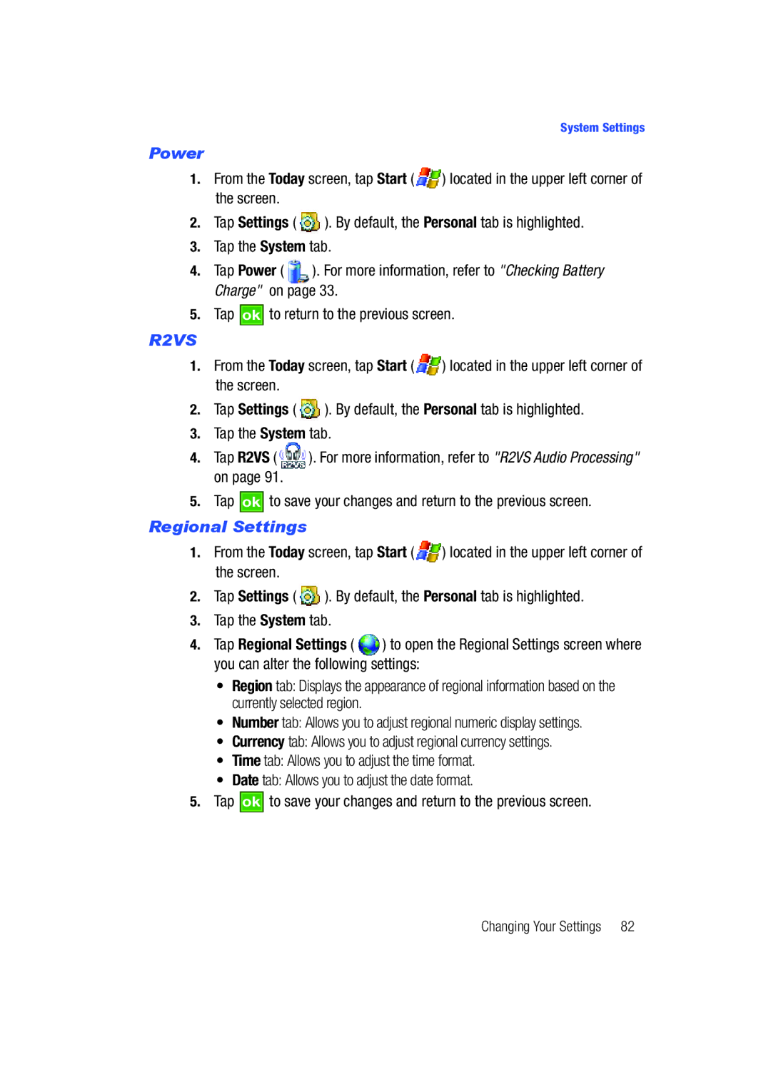 Samsung SCH-i760 user manual Power, Regional Settings 