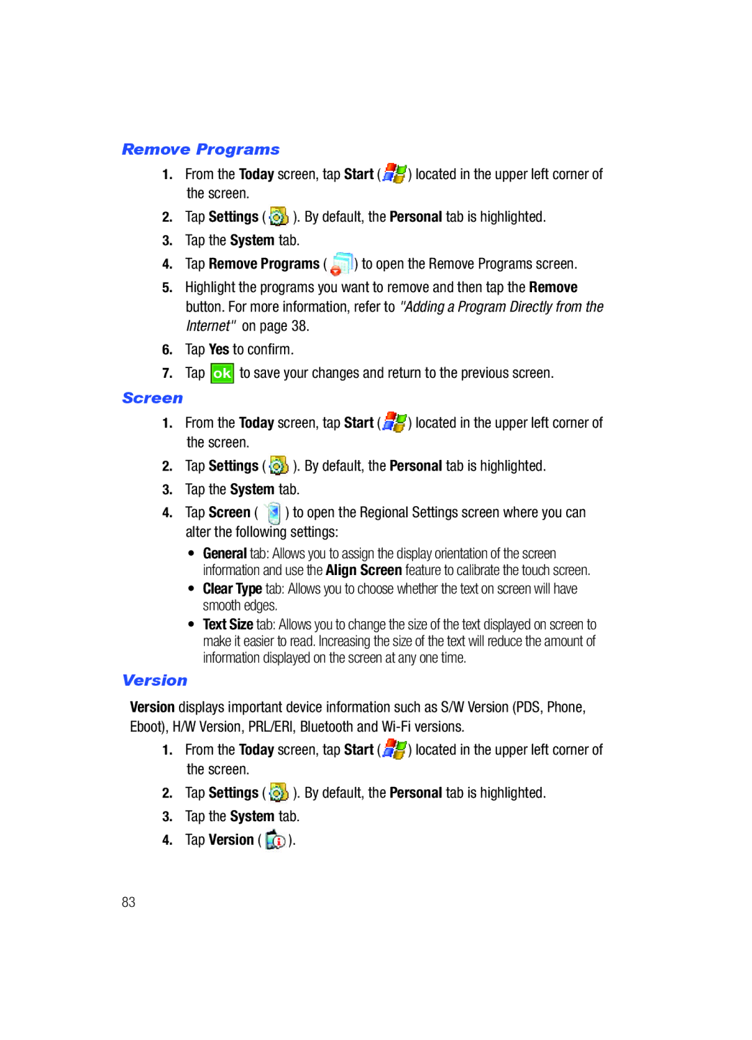 Samsung SCH-i760 user manual Remove Programs, Screen, Tap Version 