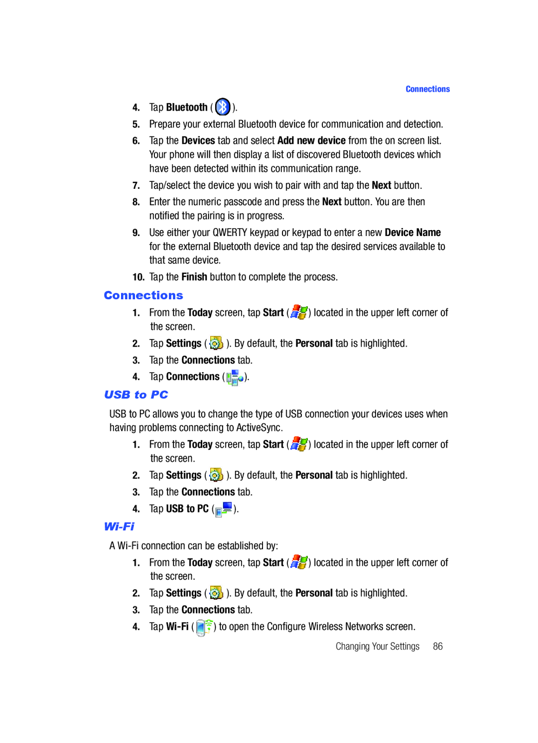 Samsung SCH-i760 user manual Tap Connections, Tap USB to PC, Wi-Fi 