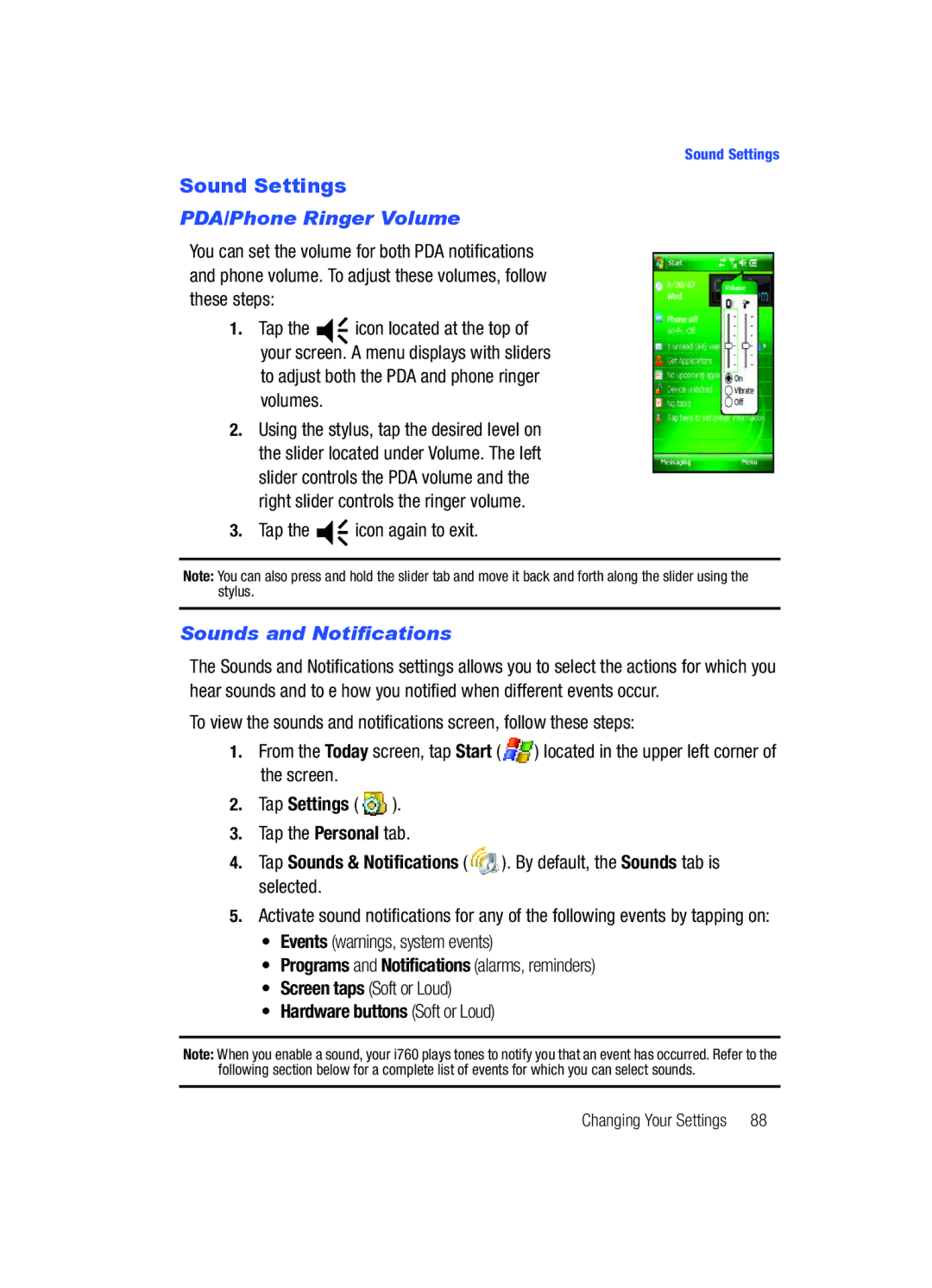 Samsung SCH-i760 Sound Settings, PDA/Phone Ringer Volume, Sounds and Notifications, Hardware buttons Soft or Loud 