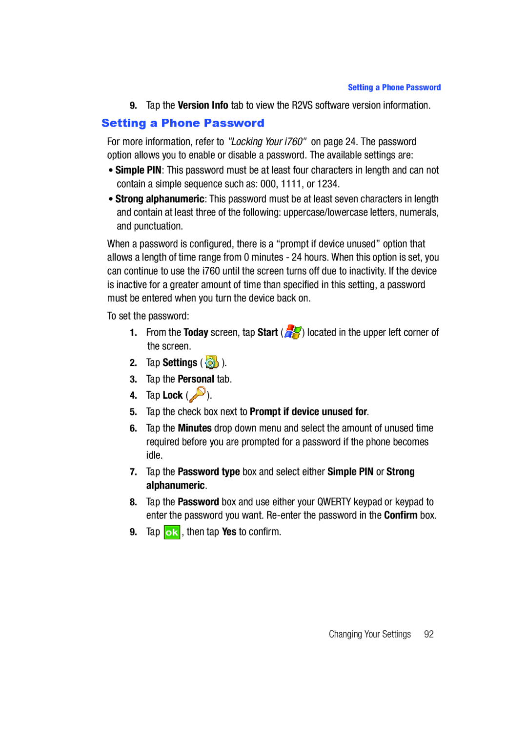 Samsung SCH-i760 user manual Setting a Phone Password, Tap ok , then tap Yes to confirm 