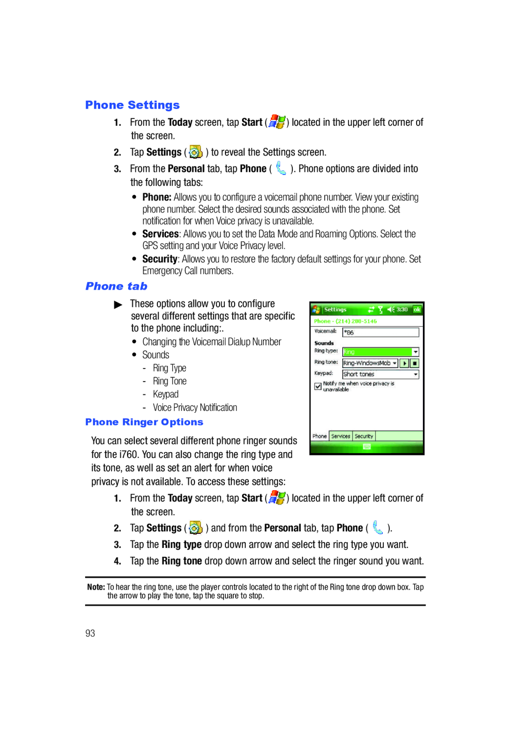 Samsung SCH-i760 user manual Phone Settings, Phone tab 