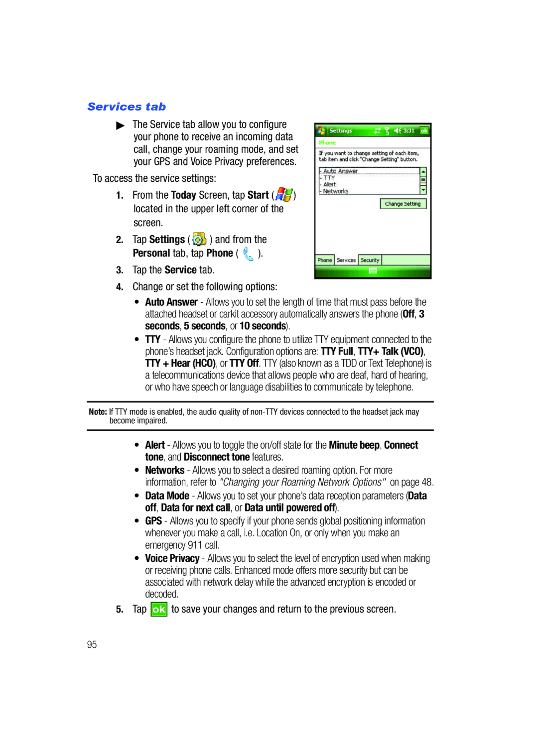 Samsung SCH-i760 Services tab, To access the service settings, Screen Tap Settings and from, Personal tab, tap Phone 