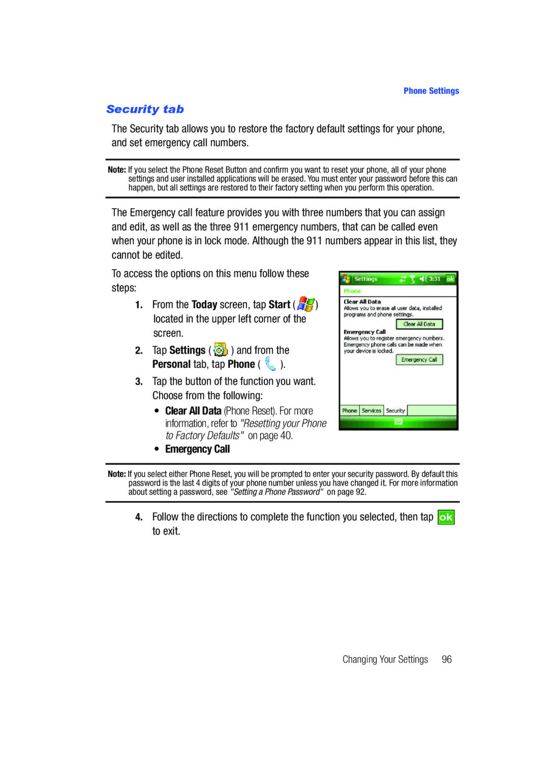 Samsung SCH-i760 user manual Security tab, To access the options on this menu follow these steps, Emergency Call 