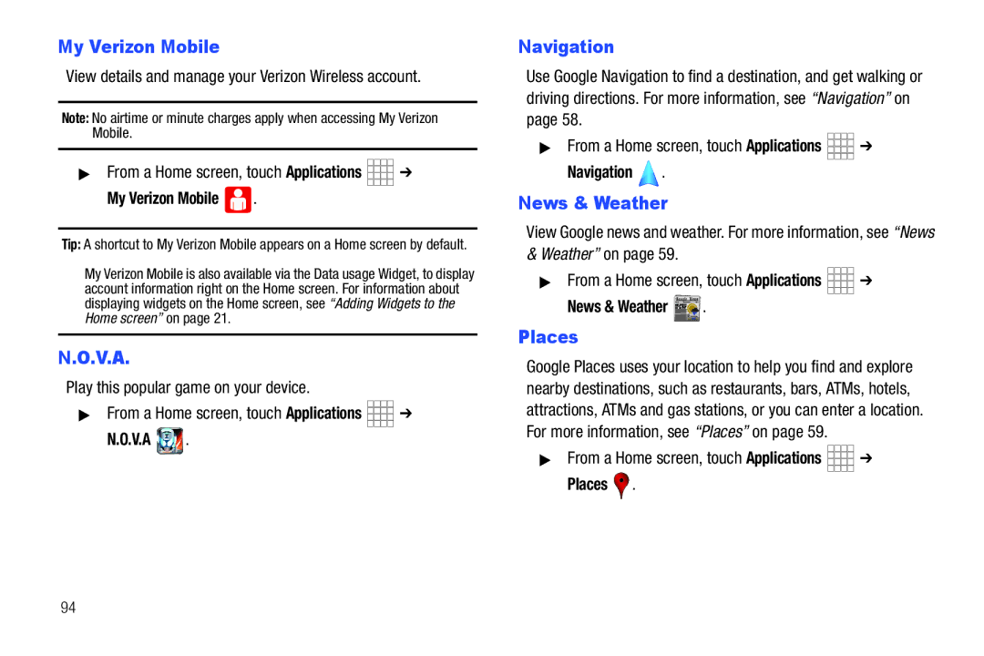 Samsung SCH-I800BKAVZW user manual My Verizon Mobile, V.A, Weather on From a Home screen, touch Applications 