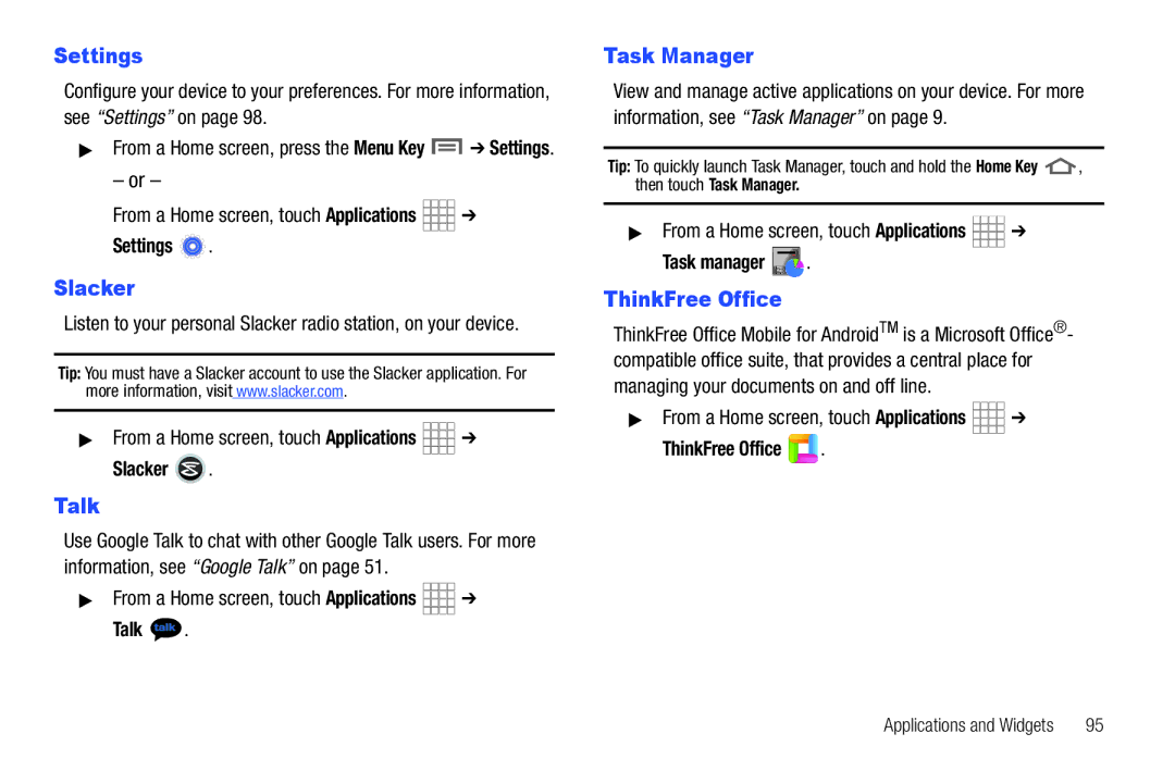 Samsung SCH-I800BKAVZW user manual Settings, Talk, ThinkFree Office 