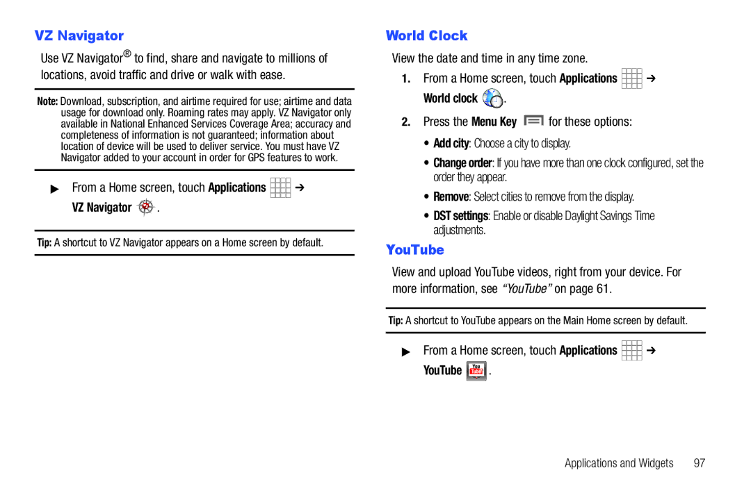 Samsung SCH-I800BKAVZW user manual VZ Navigator, World Clock, World clock 