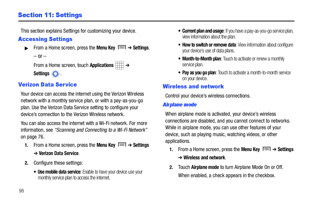 Samsung SCH-I800BKAVZW user manual Accessing Settings, Verizon Data Service, Wireless and network, Airplane mode 