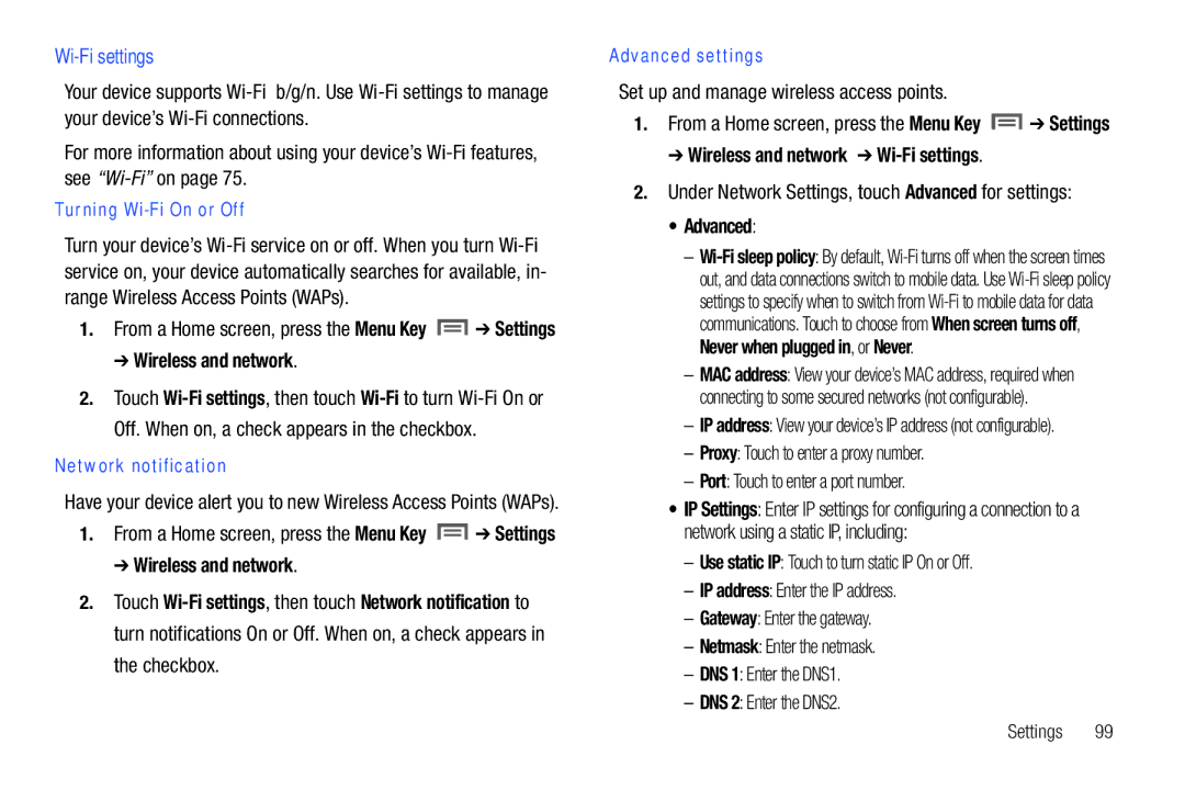 Samsung SCH-I800BKAVZW user manual Wi-Fi settings, Set up and manage wireless access points, Advanced 