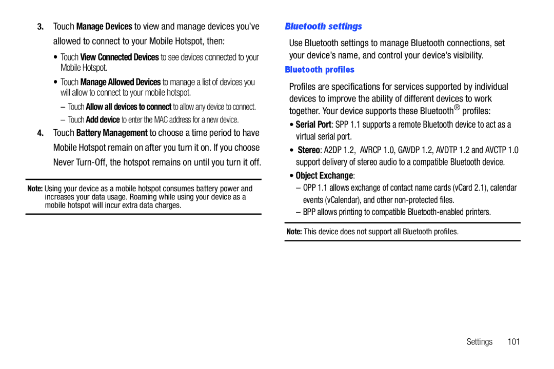 Samsung SCH-I800BKAVZW user manual Bluetooth settings, Object Exchange, Bluetooth profiles 