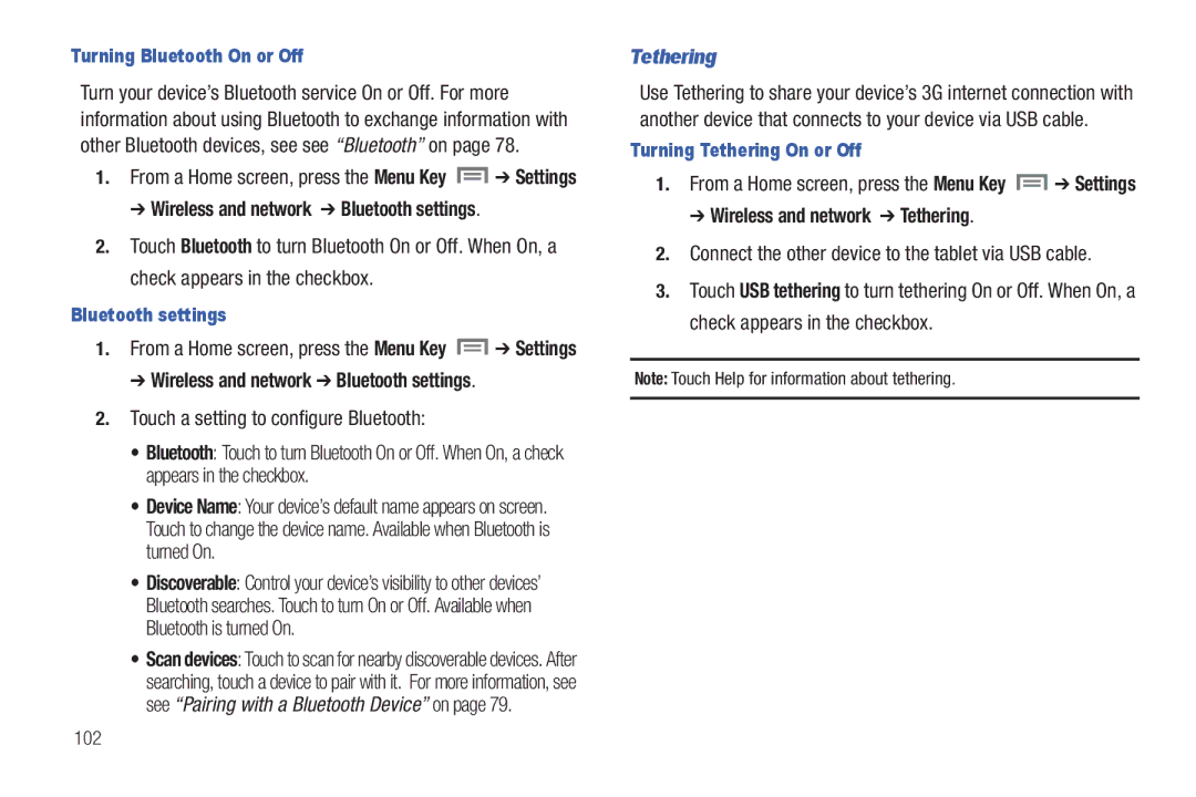 Samsung SCH-I800BKAVZW Touch a setting to configure Bluetooth, Tethering, Turning Bluetooth On or Off, Bluetooth settings 