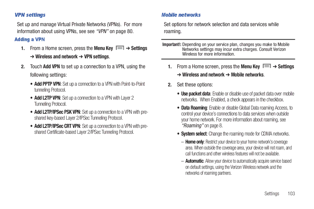 Samsung SCH-I800BKAVZW user manual VPN settings, Wireless and network Mobile networks, Set these options, Adding a VPN 