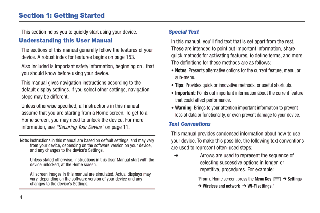 Samsung SCH-I800BKAVZW user manual Getting Started, This section helps you to quickly start using your device, Special Text 