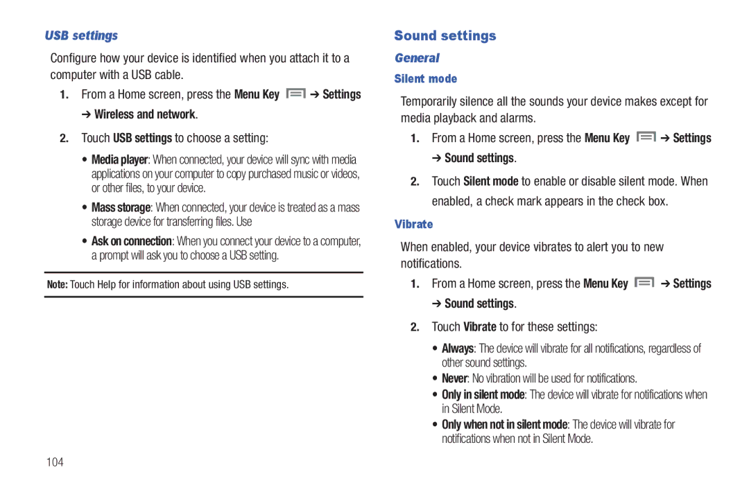 Samsung SCH-I800BKAVZW user manual Sound settings, USB settings, General 