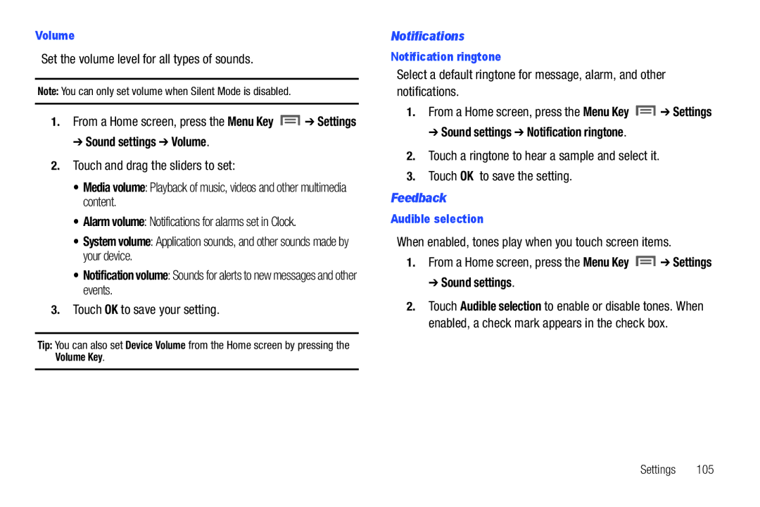 Samsung SCH-I800BKAVZW user manual Sound settings Volume, Notifications, Sound settings Notification ringtone, Feedback 