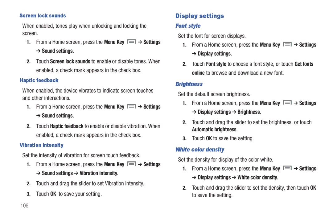 Samsung SCH-I800BKAVZW user manual Display settings, Font style, White color density 