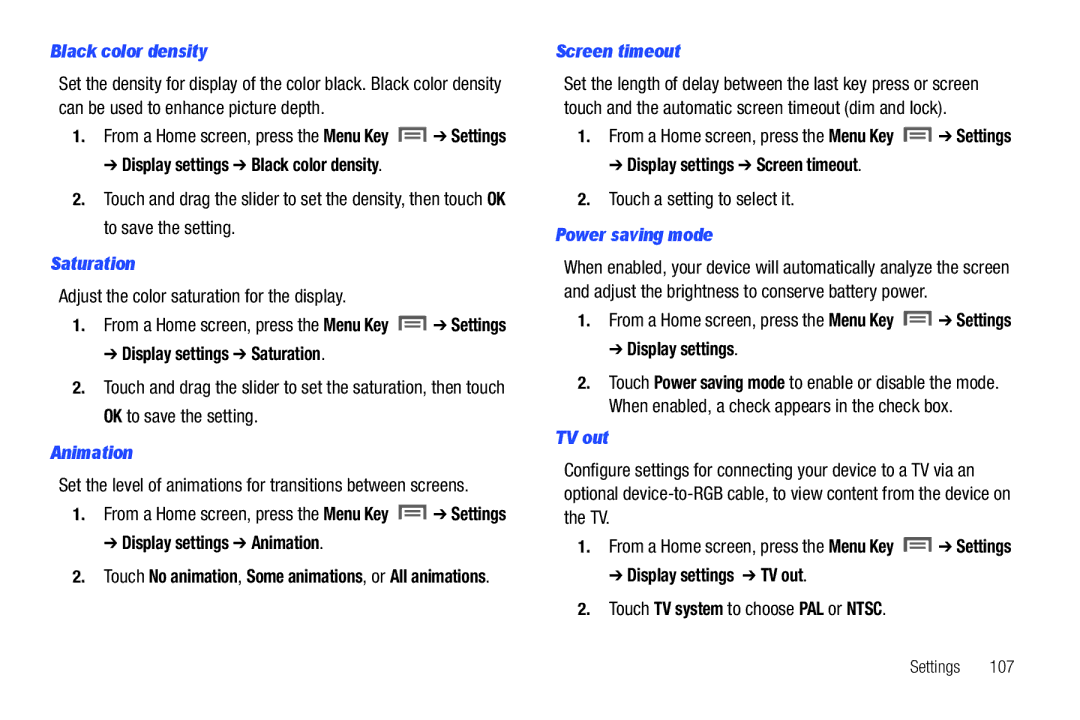 Samsung SCH-I800BKAVZW user manual Black color density, Saturation, Animation, Screen timeout, Power saving mode, TV out 