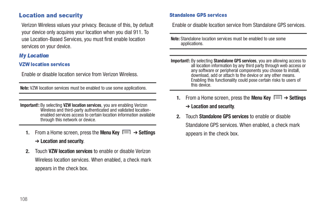 Samsung SCH-I800BKAVZW Location and security, My Location, Enable or disable location service from Verizon Wireless 