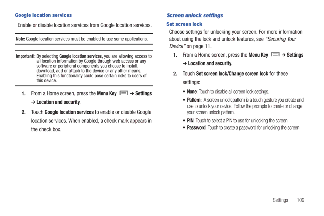 Samsung SCH-I800BKAVZW Screen unlock settings, None Touch to disable all screen lock settings, Google location services 