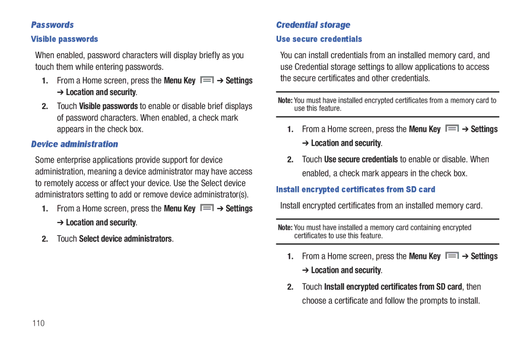 Samsung SCH-I800BKAVZW Passwords, Device administration, Location and security Touch Select device administrators 