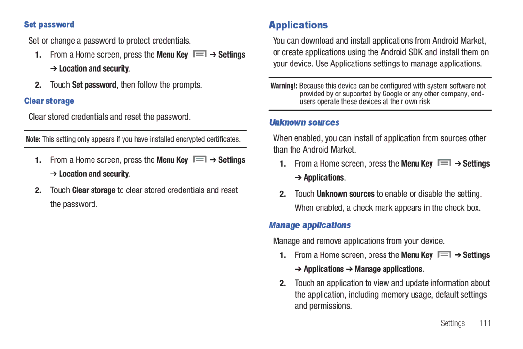 Samsung SCH-I800BKAVZW user manual Unknown sources, Applications Manage applications 