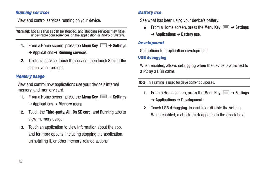 Samsung SCH-I800BKAVZW user manual Running services, Memory usage, Battery use, Development 