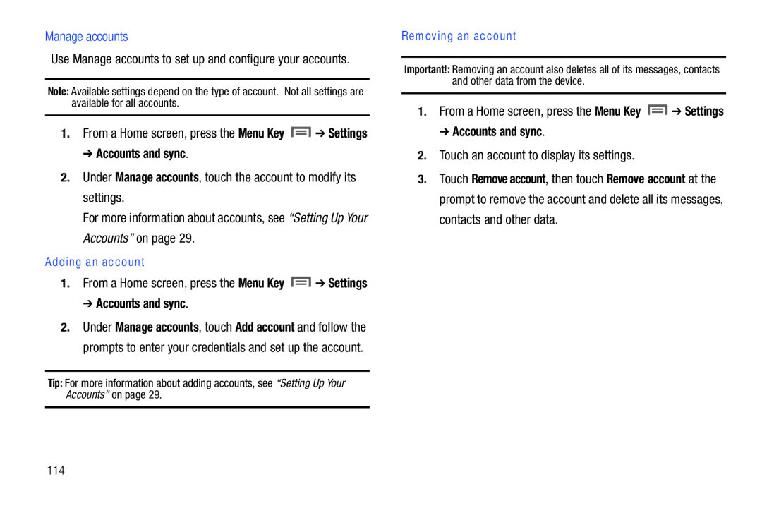 Samsung SCH-I800BKAVZW Manage accounts, Touch an account to display its settings, Adding an account, Removing an account 