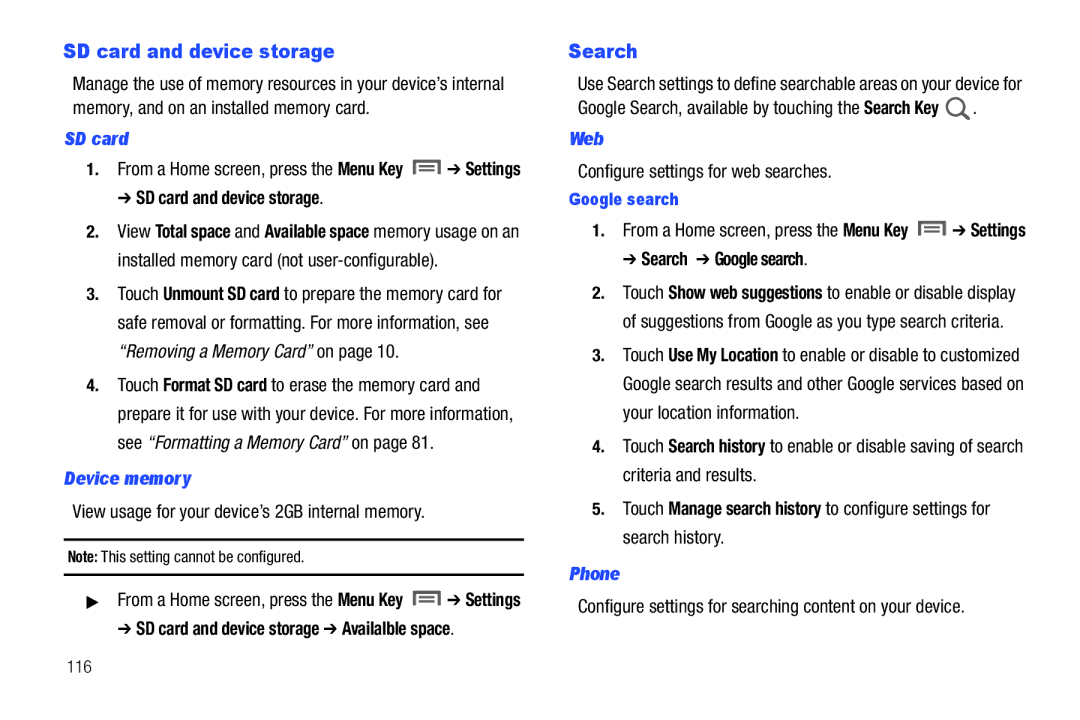 Samsung SCH-I800BKAVZW user manual SD card and device storage, Search 