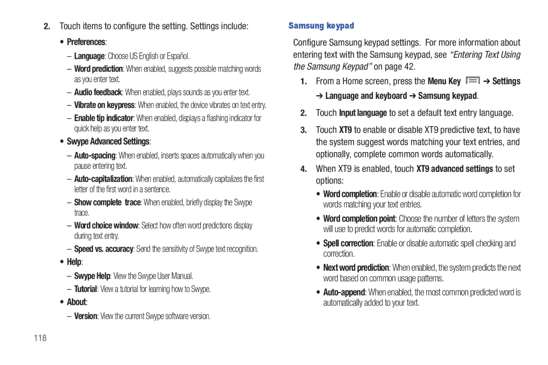 Samsung SCH-I800BKAVZW user manual Preferences, Swype Advanced Settings, Help, About, Language and keyboard Samsung keypad 