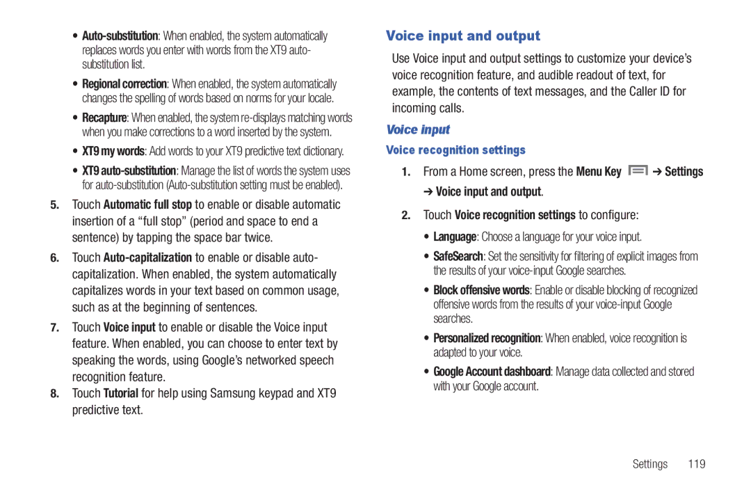 Samsung SCH-I800BKAVZW Voice input and output, Language Choose a language for your voice input, Voice recognition settings 