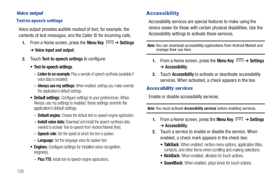 Samsung SCH-I800BKAVZW user manual Voice output, Accessibility services, Enable or disable accessibility services 