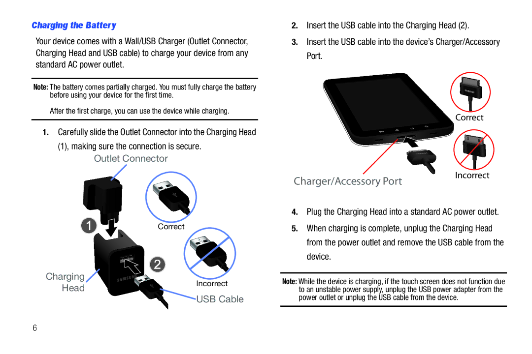 Samsung SCH-I800BKAVZW Charging the Battery, Correct Incorrect, Plug the Charging Head into a standard AC power outlet 