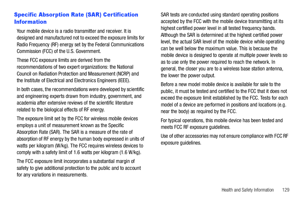 Samsung SCH-I800BKAVZW user manual Specific Absorption Rate SAR Certification Information, 129 