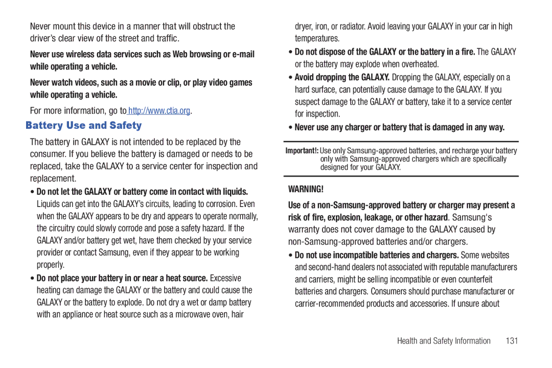 Samsung SCH-I800BKAVZW user manual Battery Use and Safety, Never use any charger or battery that is damaged in any way 