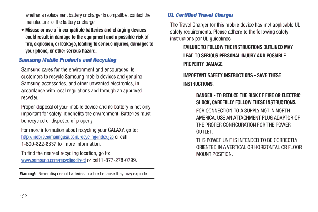 Samsung SCH-I800BKAVZW user manual Samsung Mobile Products and Recycling, UL Certified Travel Charger, 132 