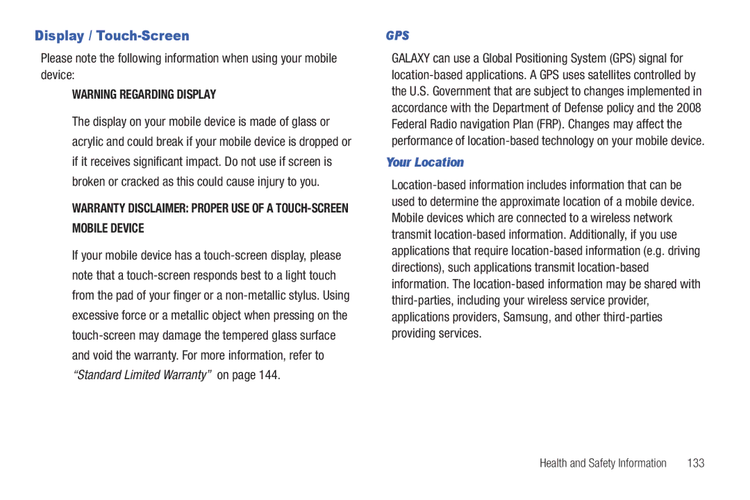 Samsung SCH-I800BKAVZW user manual Display / Touch-Screen, Your Location 