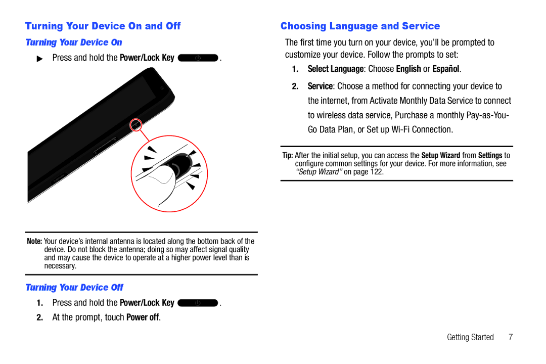 Samsung SCH-I800BKAVZW user manual Turning Your Device On and Off, Choosing Language and Service, Turning Your Device Off 