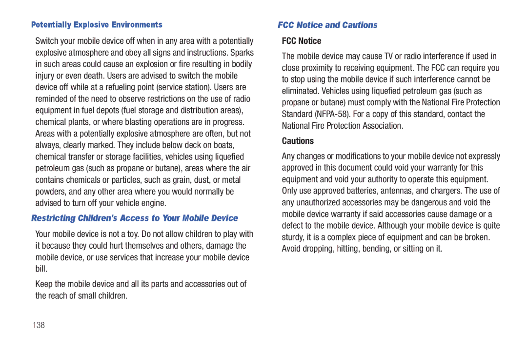 Samsung SCH-I800BKAVZW user manual FCC Notice and Cautions, Potentially Explosive Environments, 138 