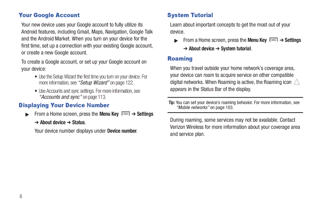 Samsung SCH-I800BKAVZW user manual Your Google Account, Displaying Your Device Number, System Tutorial, Roaming 