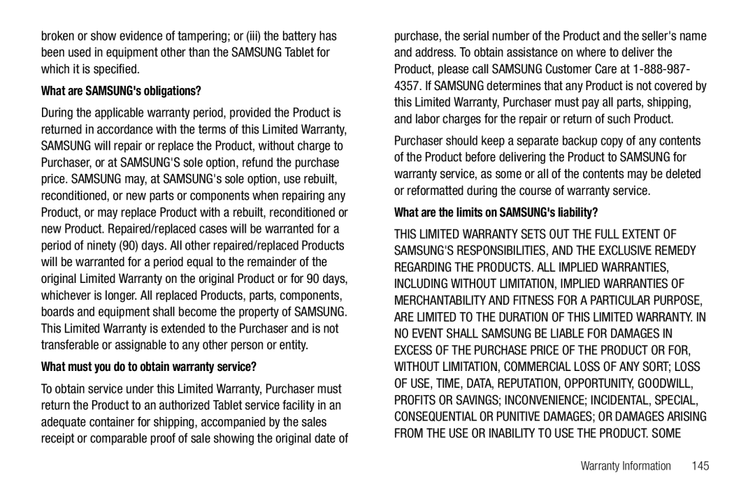 Samsung SCH-I800BKAVZW user manual What are SAMSUNGs obligations?, What must you do to obtain warranty service?, 145 