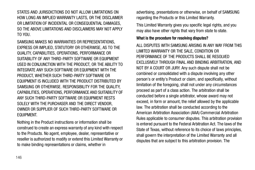 Samsung SCH-I800BKAVZW user manual What is the procedure for resolving disputes?, 146 
