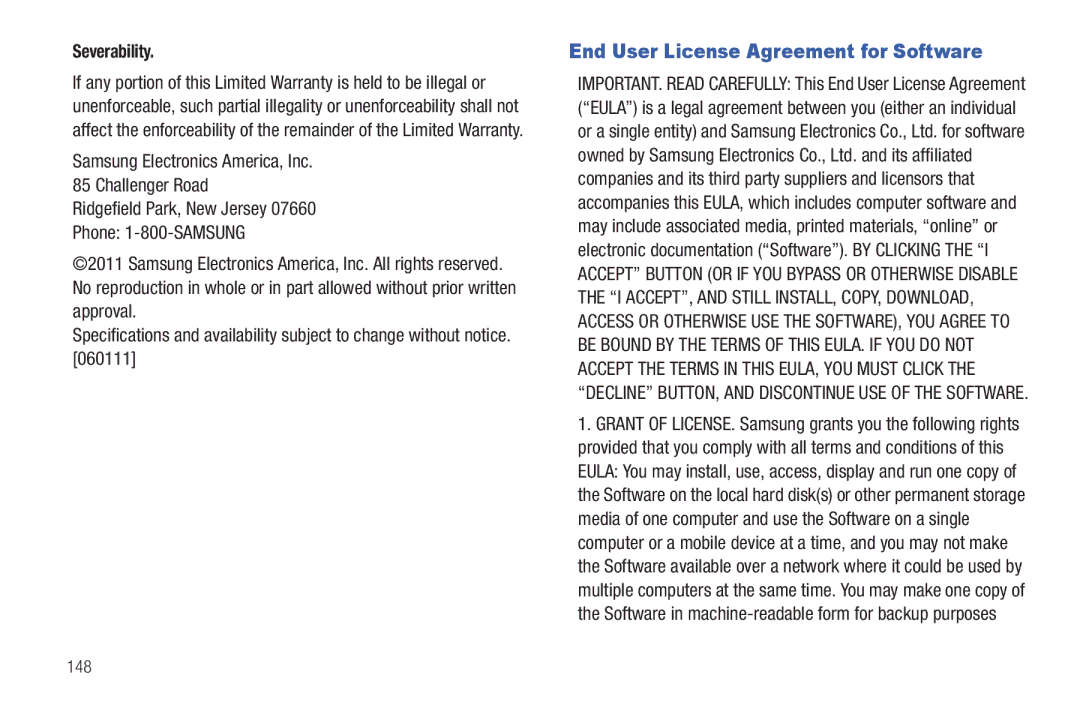 Samsung SCH-I800BKAVZW user manual Severability, 148 